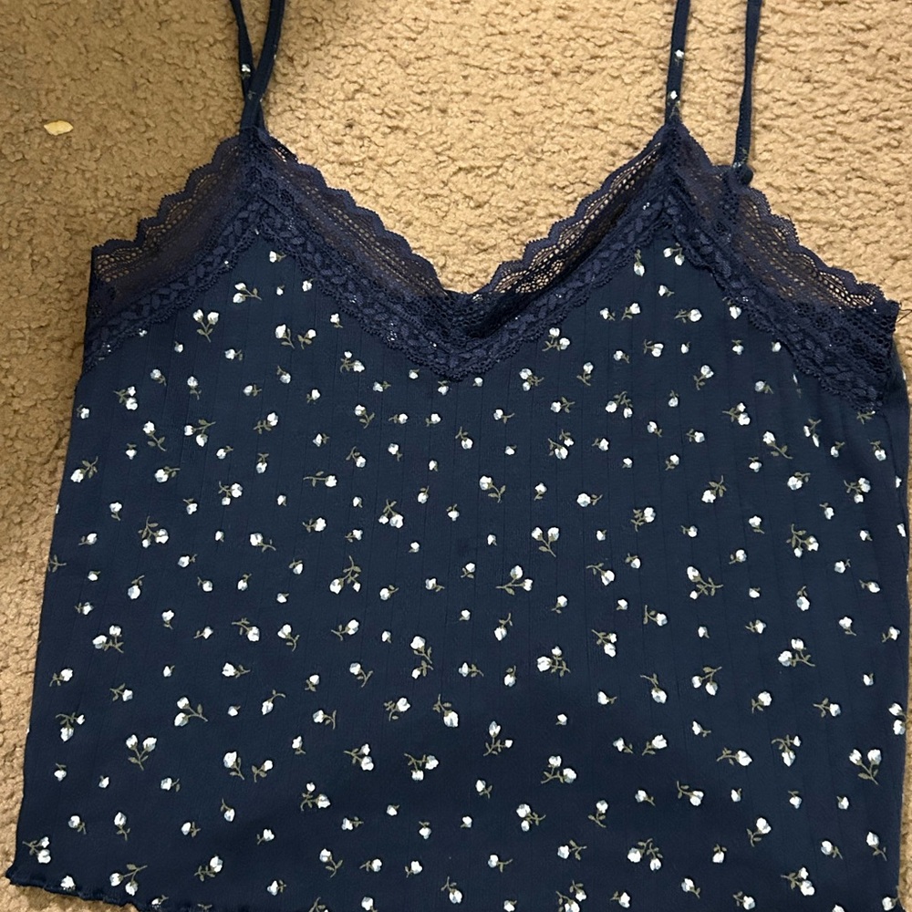 Navy Floral Lace Trim Camisole Tank Top